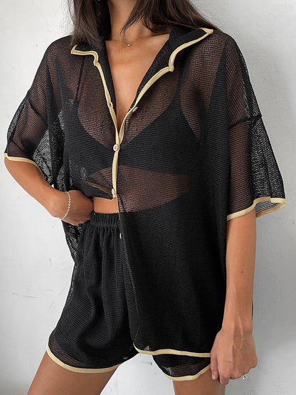 Conjunto de dos piezas de top y pantalones cortos de manga larga con solapa y perspectiva informal para mujer