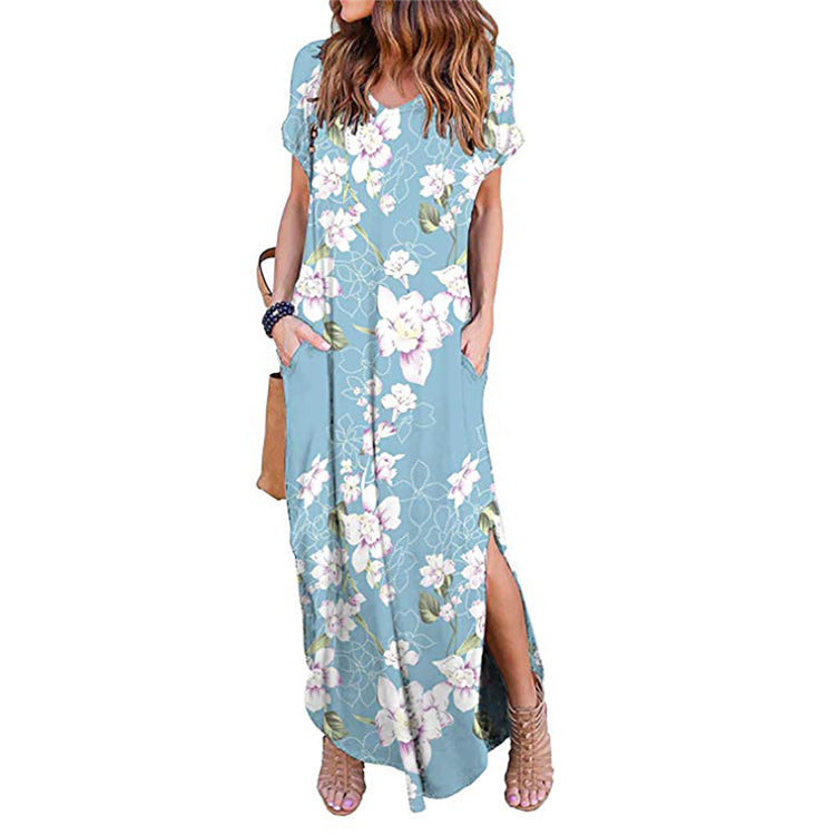 Vestido largo informal bohemio de verano para mujer, con estampado floral, manga corta, abertura lateral y cuello en V
