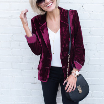 Autumn Women Fashion Casual Slim Long Sleeve Gold Velvet Suit Jacket Blazers