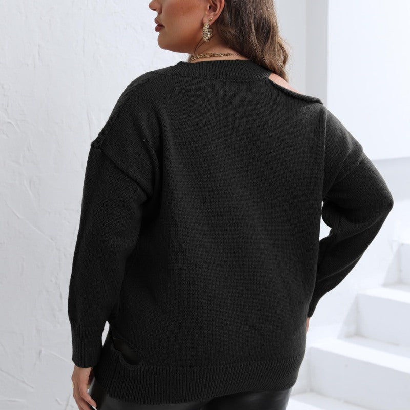 Suéter de punto informal para mujer, talla grande, para invierno y otoño, color liso, con hombros descubiertos