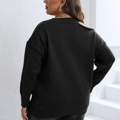 Suéter de punto informal para mujer, talla grande, para invierno y otoño, color liso, con hombros descubiertos