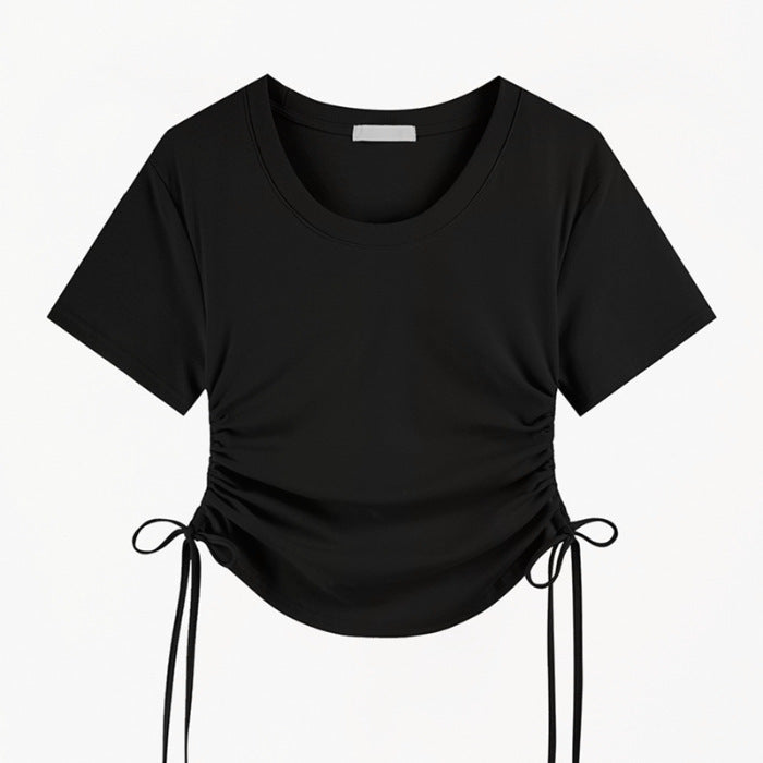 Women Casual Solid Color Drawstring Round Neck Short Sleeve Blank T-Shirt
