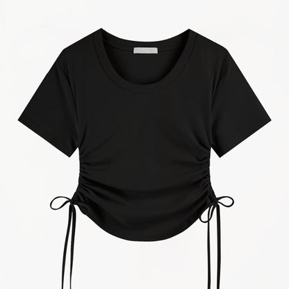 Women Casual Solid Color Drawstring Round Neck Short Sleeve Blank T-Shirt