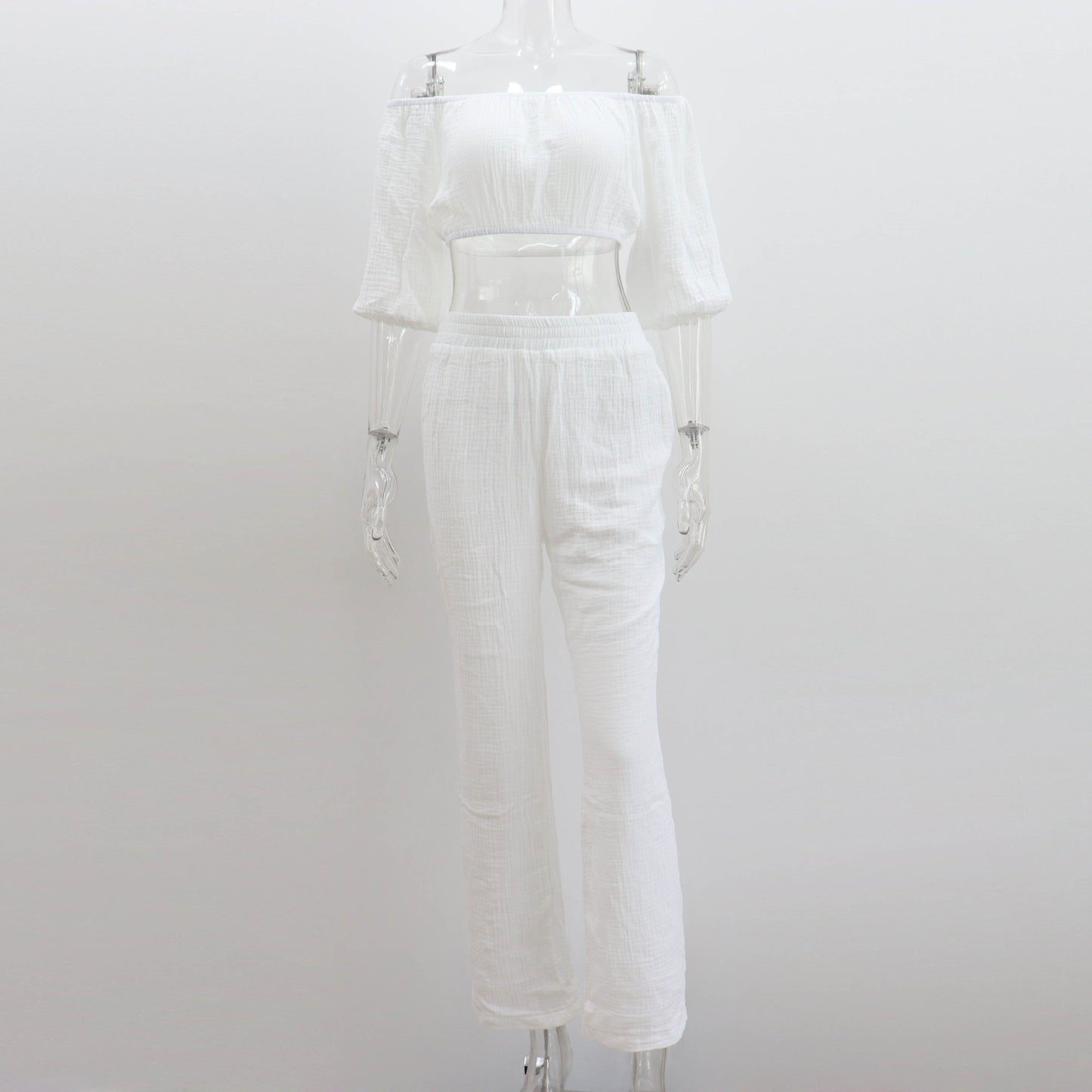 Women Solid Color Wrinkle Off-The-Shoulder Croptop And High Waist Wide-Leg Pants Casual Suit