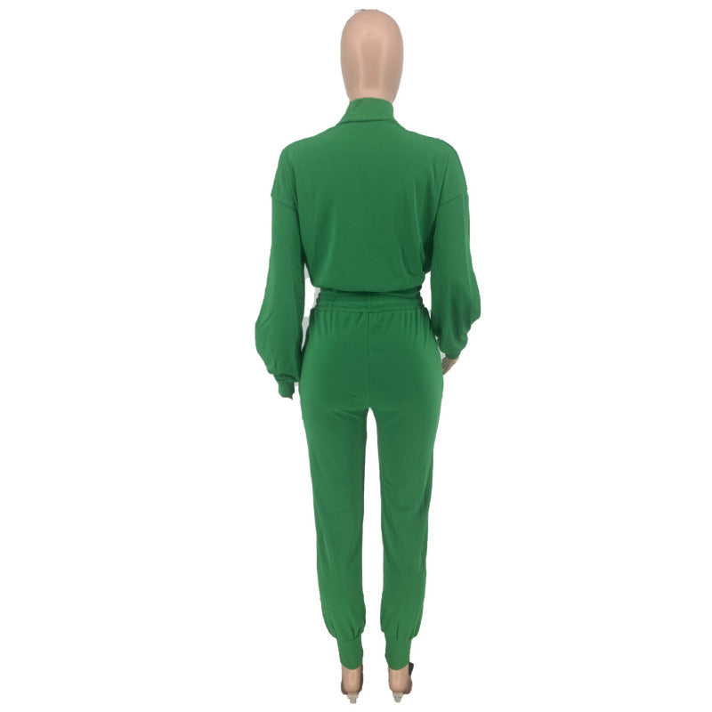 Conjunto de 2 piezas de blusa informal con cuello alto, manga larga, botonadura sencilla, abertura lateral, pantalones con cintura definida y cordones para mujer