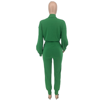 Conjunto de 2 piezas de blusa informal con cuello alto, manga larga, botonadura sencilla, abertura lateral, pantalones con cintura definida y cordones para mujer