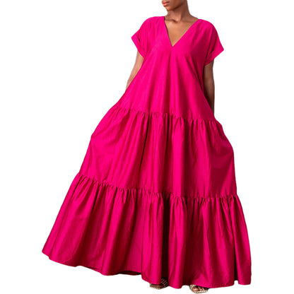 Women Fashion Casual Solid Color V-Neck Short Sleeve Maxi Dress