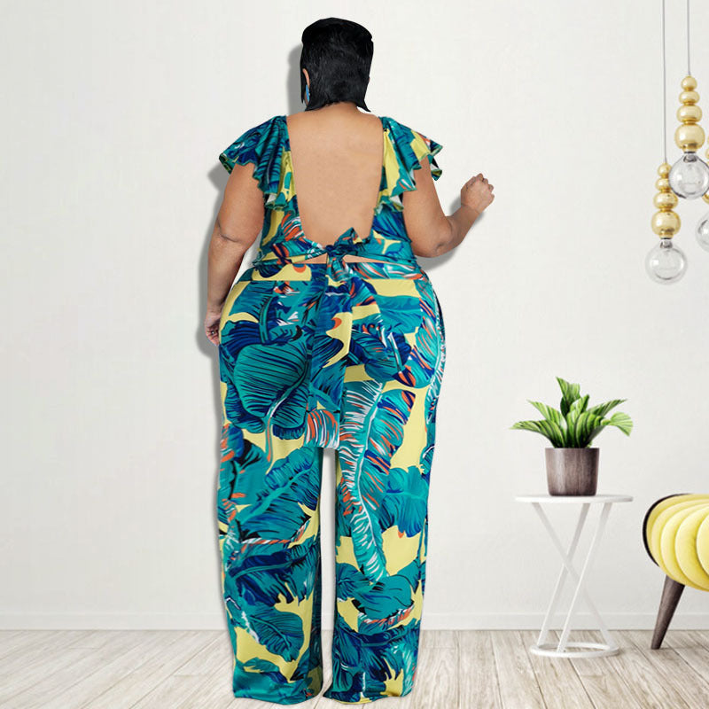 Plus Size Women Printed Casual Short Top And Pants Two Pieces Suit