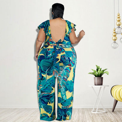 Plus Size Women Printed Casual Short Top And Pants Two Pieces Suit