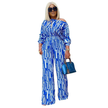 Plus Size Women Stripe Print Long-Sleeved Shoulder Loose Casual Two Pieces Suit