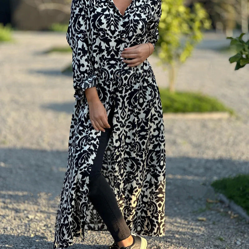 Women Loose Casual Graphic Printed Long Sleeve Shirt Plus Size Dress