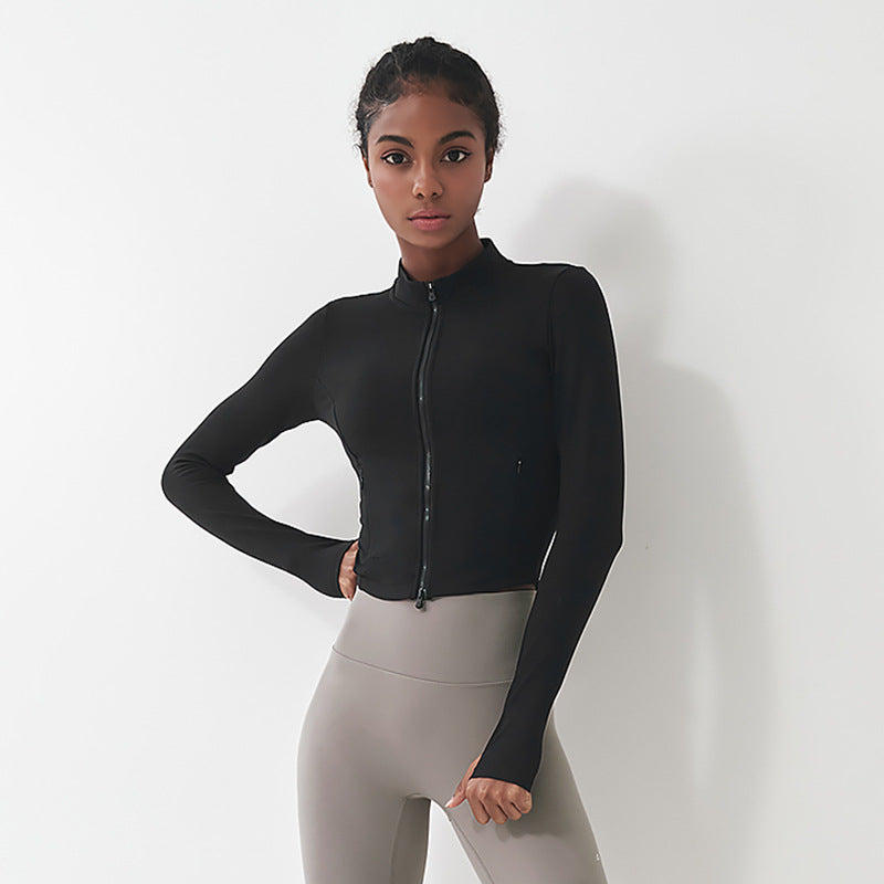 Chaqueta de yoga deportiva informal para mujer, de alta elasticidad, ajustada, con bolsillo y cremallera