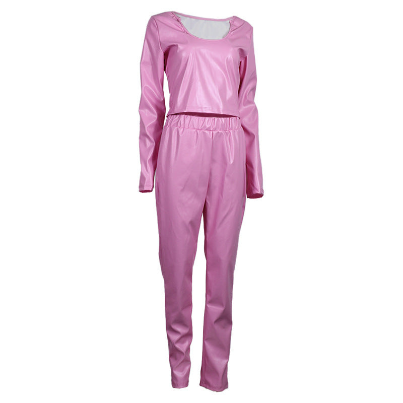 Conjunto de dos piezas formado por top y pantalón de piel sintética, manga larga, cuello redondo, color liso, para mujer, corte entallado, informal y sexy
