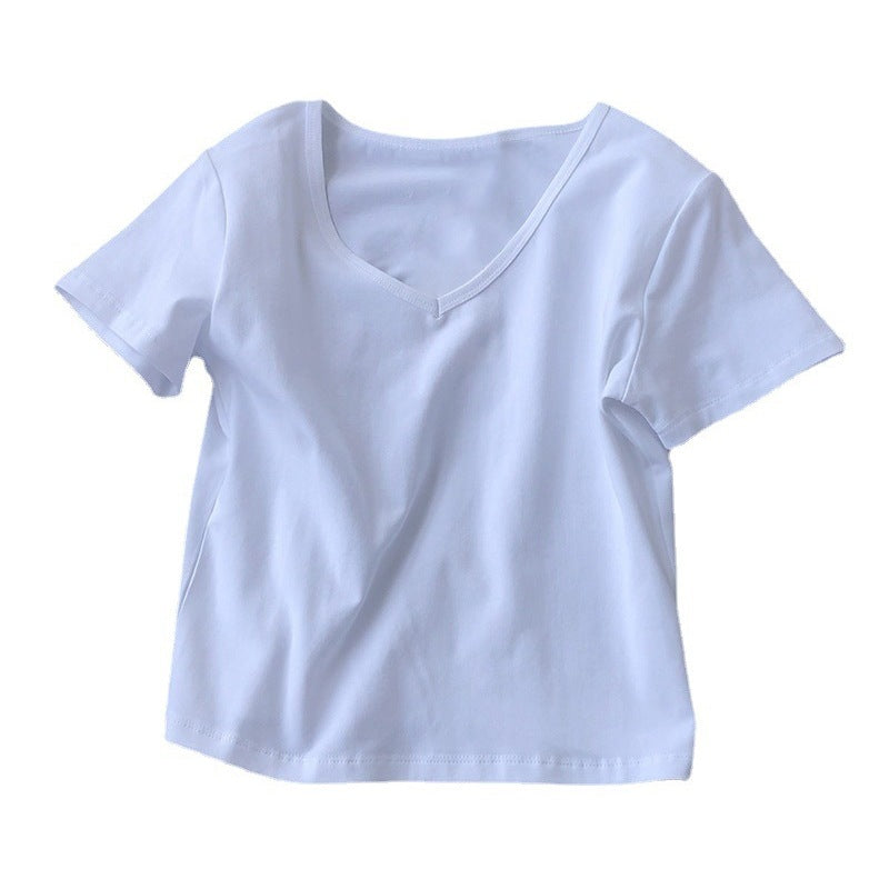 Camiseta básica informal de manga corta con cuello en V y color liso para mujer