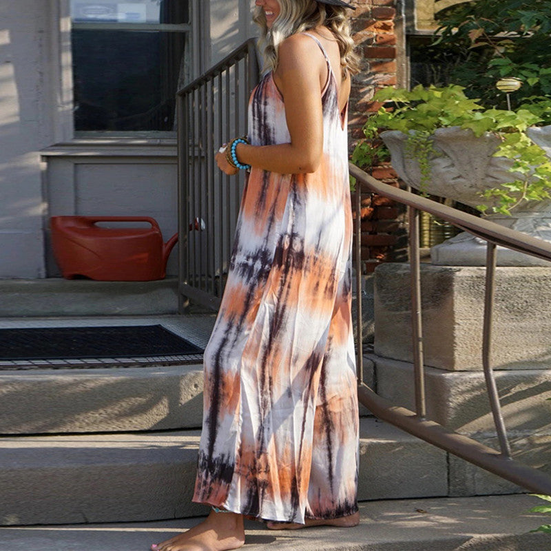 Summer Vacation Women Casual Tie Dye Print Spaghetti Strap Loose Maxi Dress
