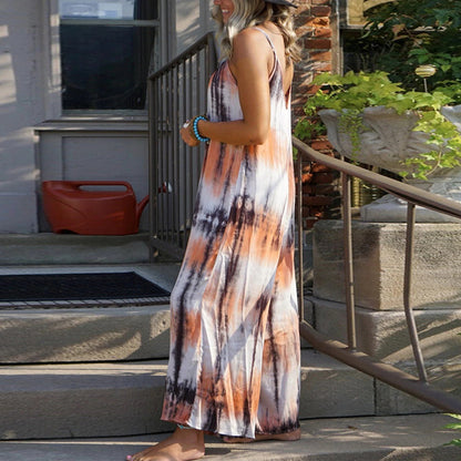 Summer Vacation Women Casual Tie Dye Print Spaghetti Strap Loose Maxi Dress