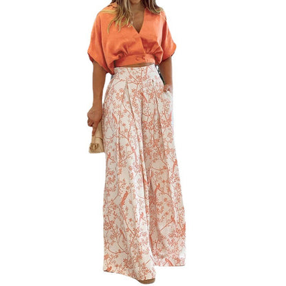 Conjunto de dos piezas para mujer, informal, de vacaciones, con escote en V, mangas cortas, top estampado, cintura definida, pantalones de pierna ancha