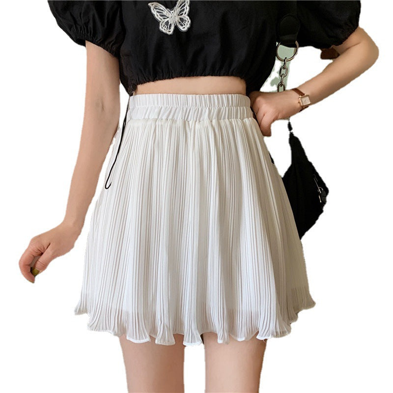 Women Casual Solid Color Pleated Summer High Waist Chiffon Skirt