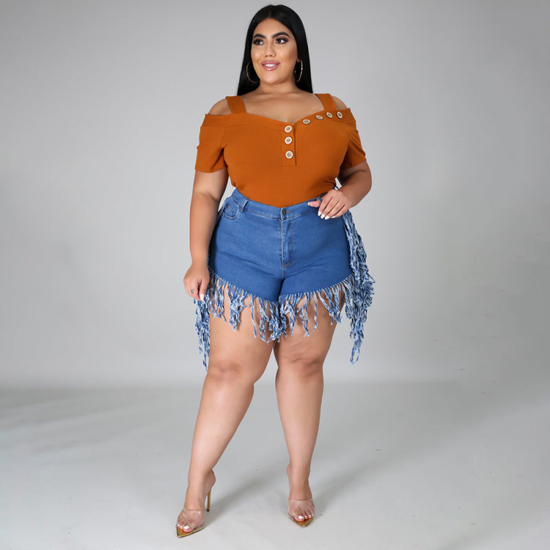 Women Fashion Casual Rothle Tassel Sanding Denim Shorts