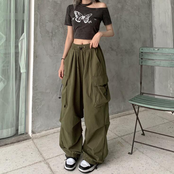 Pantalones cargo holgados de pierna de color sólido estilo retro informal para mujer