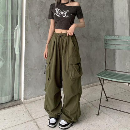 Pantalones cargo holgados de pierna de color sólido estilo retro informal para mujer