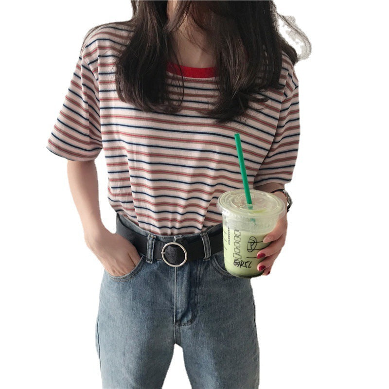 Camiseta básica informal de verano a rayas de manga corta para mujer