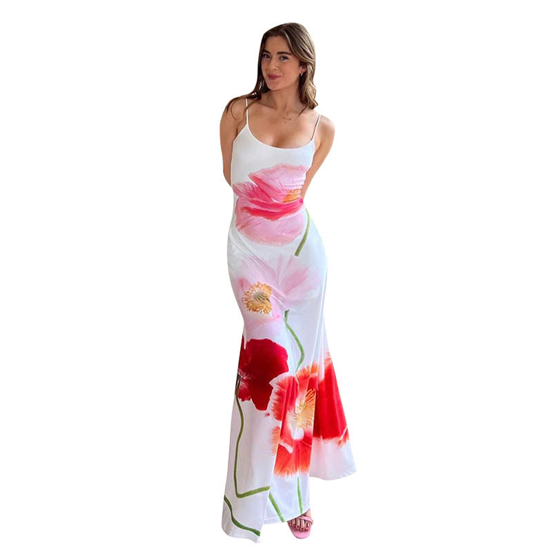 Women'S Casual Floral-Print Halter-Back Maxi Dress