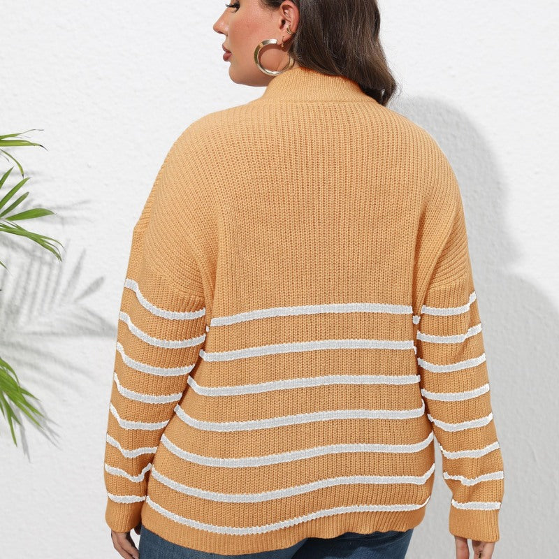 Suéter de punto informal para mujer, talla grande, invierno, otoño, a rayas, media cremallera y solapa