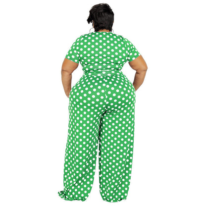 Traje informal de dos piezas con top de manga corta y pierna ancha con encaje de lunares para mujer de talla grande