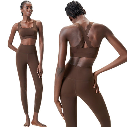 Women Casual Solid Color Liquid Glue Small Wave Sports Yoga Top Pants Two-Piece Set