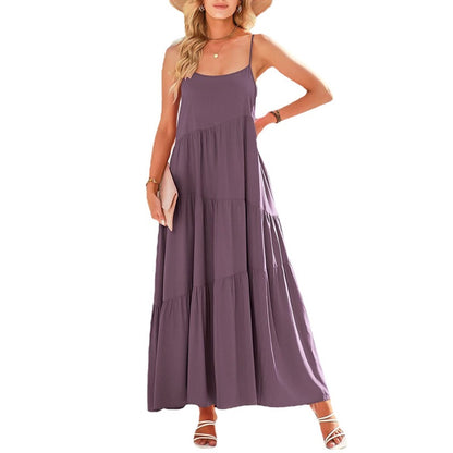 Women Fashion Casual Solid Color Sling Creased Maxi Dress