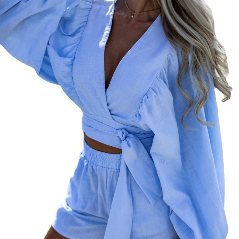 Conjunto de dos piezas de top y pantalones cortos de lino y algodón con cordones, manga larga, cuello en V, holgado e informal para mujer