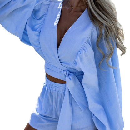 Conjunto de dos piezas de top y pantalones cortos de lino y algodón con cordones, manga larga, cuello en V, holgado e informal para mujer