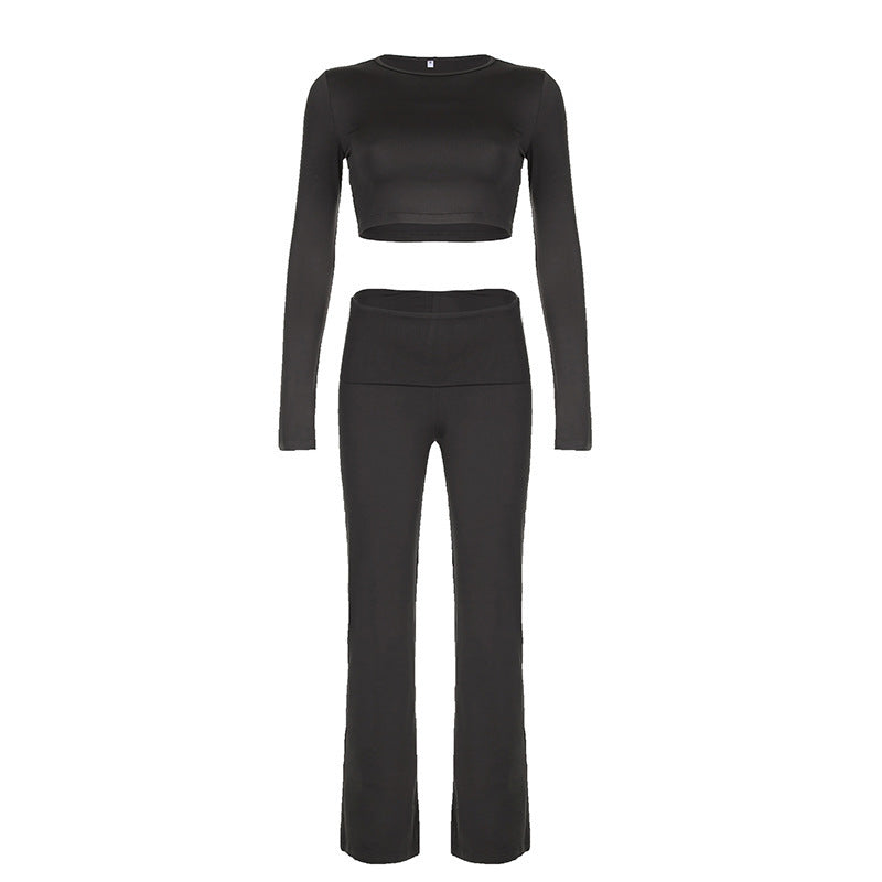 Conjunto de dos piezas informal para mujer, color liso, cuello redondo, manga larga, top corto, pantalones rectos