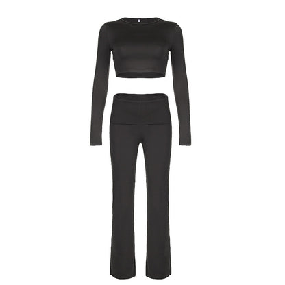Conjunto de dos piezas informal para mujer, color liso, cuello redondo, manga larga, top corto, pantalones rectos
