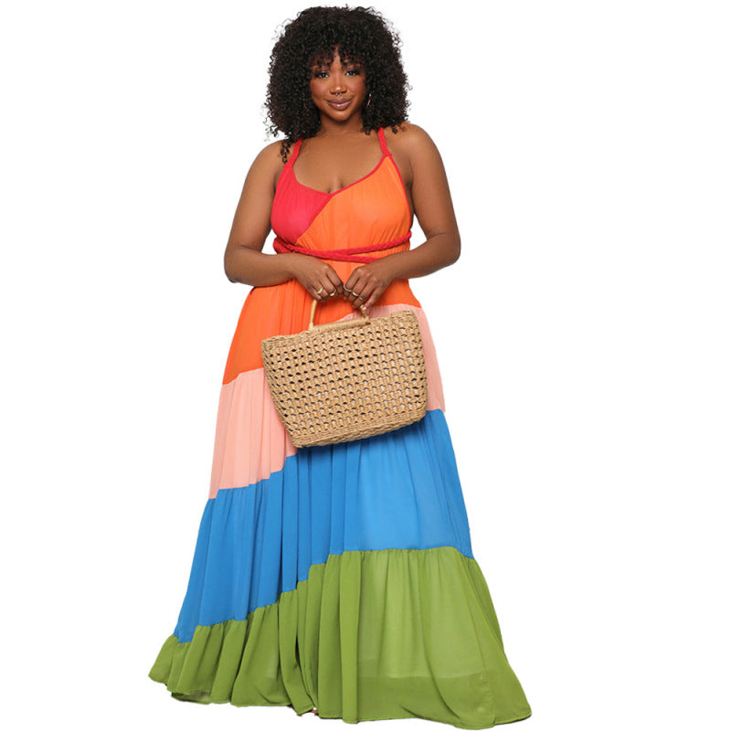 Summer Women Casual Color Blocking Bandage Backless Ruffled Chiffon Dress
