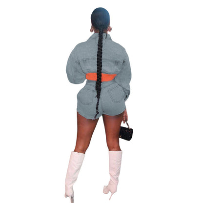 Women Fashion Casual Button Long Sleeve Denim Top Side Cutout Chain Shorts Two-Piece Set