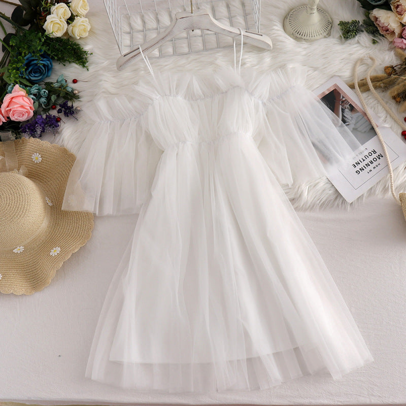 Women Casual Vacation Mesh Mid-Length One-Shoulder Suspender Dress