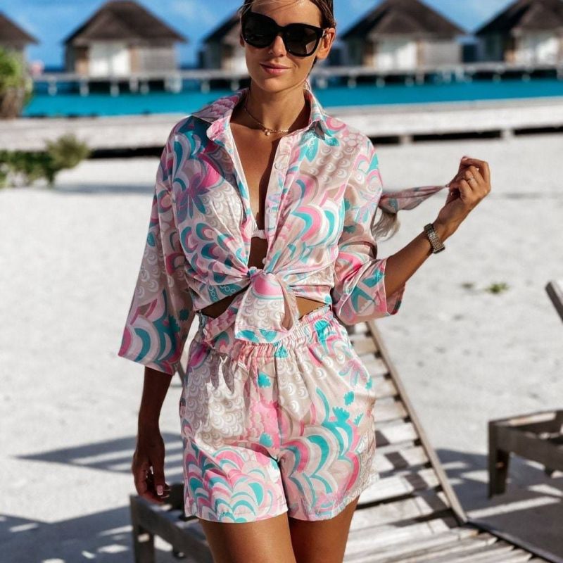 Conjunto informal de dos piezas con estampado multicolor para mujer, estilo vacaciones de verano