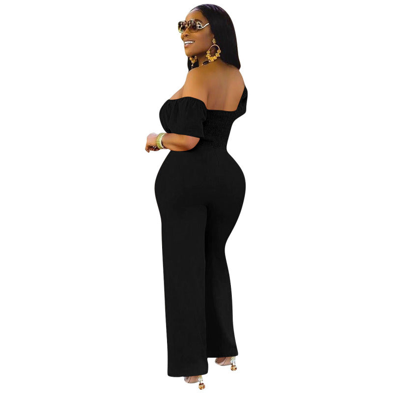 Women Solid Color Backless One-Shoulder One-Piece Casual Wide-Leg Jumpsuit