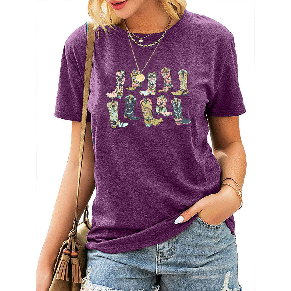 Camiseta vaquera informal de manga corta con cuello redondo para mujer, estilo occidental, de verano