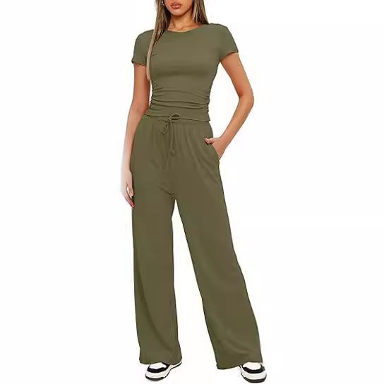 Conjunto de dos piezas de top y pantalón de manga corta de color liso informal para mujer