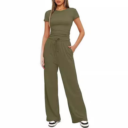 Conjunto de dos piezas de top y pantalón de manga corta de color liso informal para mujer