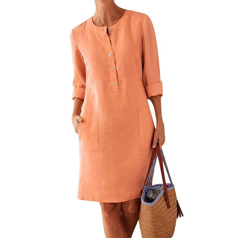 Women'S Casual Solid Color Round Neck Long Sleeve Dress