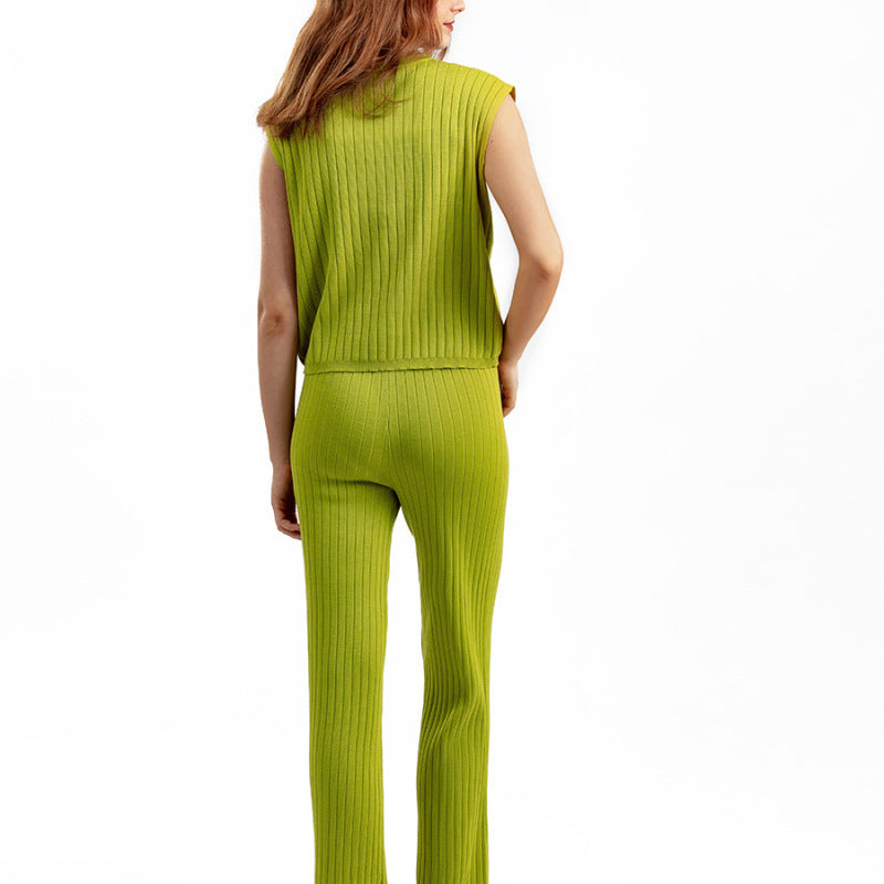 Women Fashion Loose Casual Solid Color Knitted Vest Pants Two-Piece Set