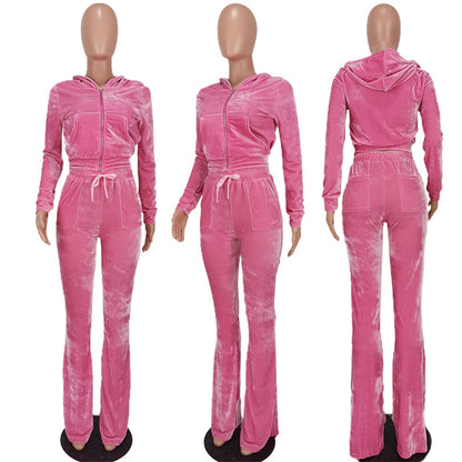 Conjunto de dos piezas deportivo informal para mujer, con capucha, manga larga, pantalones acampanados y cremallera de terciopelo de color liso