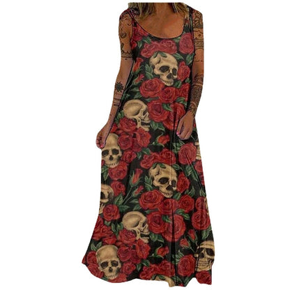 Vestido largo con estampado floral y calavera gótica informal de Halloween para mujer