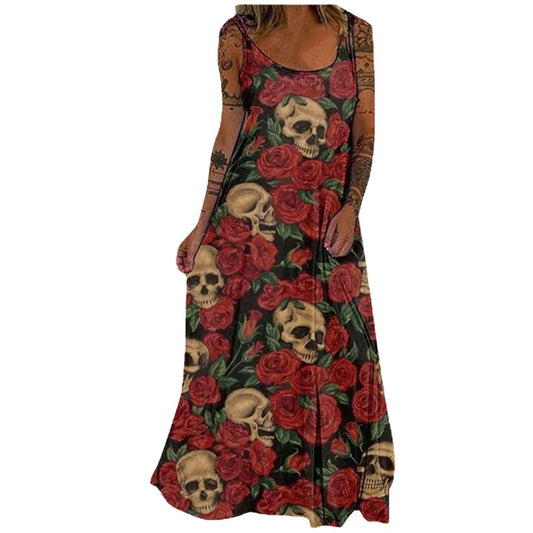 Vestido largo con estampado floral y calavera gótica informal de Halloween para mujer