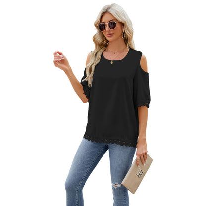 Women Fashion Casual Butterfly Shoulder Round Neck Lace Stitching Top