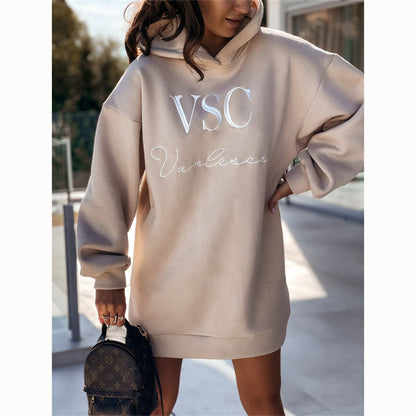 Women Autumn Winter Hooded Urban Casual Fashion Letter Printed Long Sleeves Dress